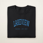 Lakeview Chicago embroidered crewneck sweatshirt, Black, sky blue embroidery