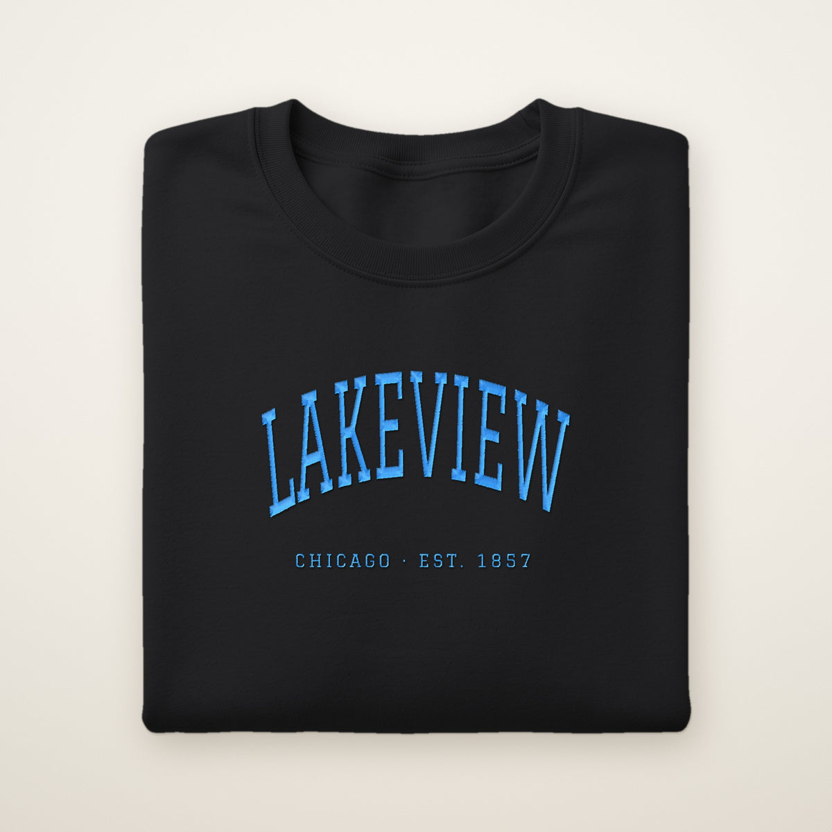 Lakeview Chicago embroidered crewneck sweatshirt, Black, sky blue embroidery