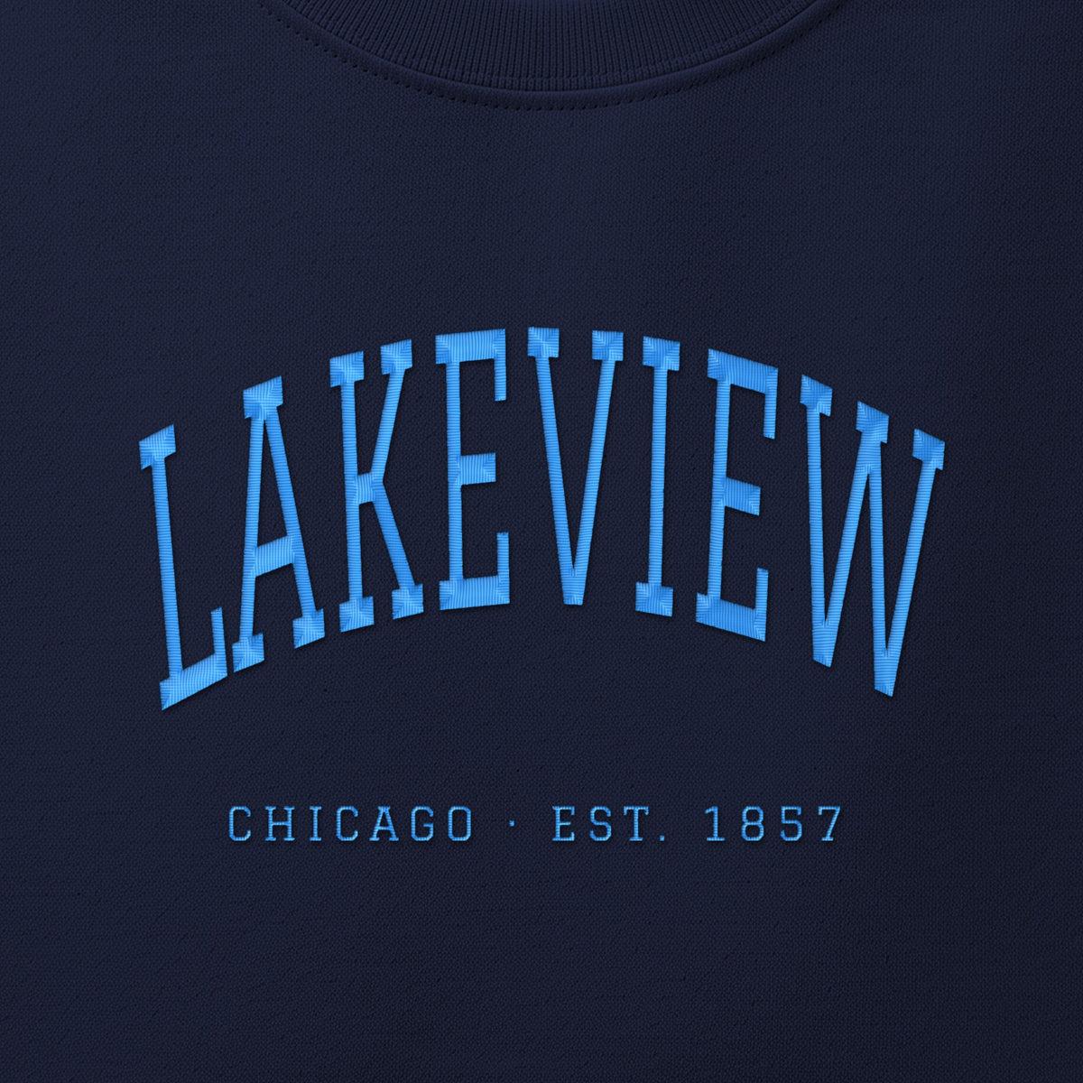 Close-up of sky blue satin-stitch Lakeview embroidery