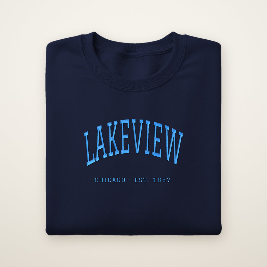 Lakeview Chicago embroidered crewneck sweatshirt, Navy, sky blue embroidery