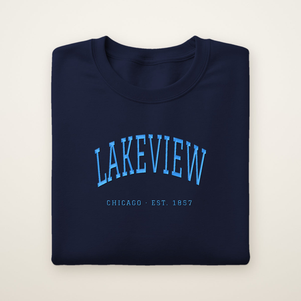 Lakeview Chicago embroidered crewneck sweatshirt, Navy, sky blue embroidery