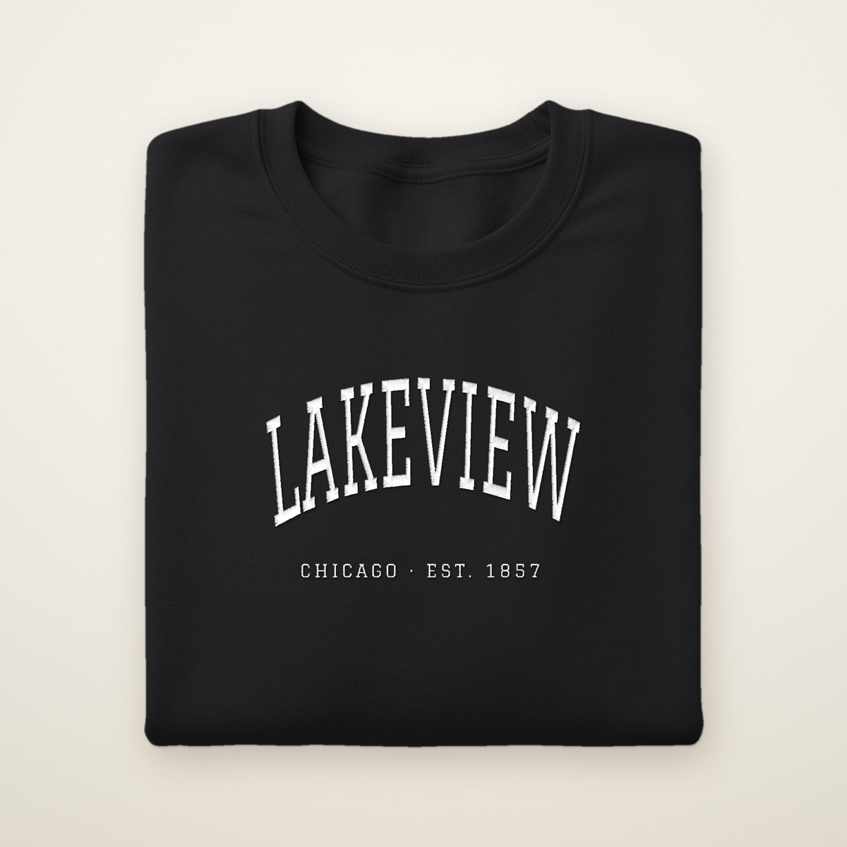 Lakeview Chicago embroidered crewneck sweatshirt, Black, white embroidery