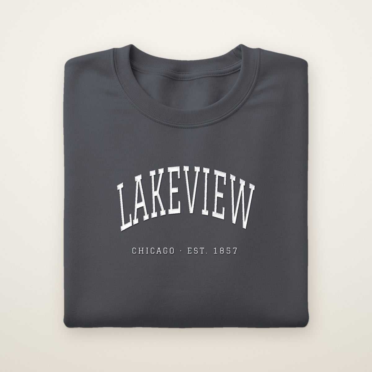 Lakeview Chicago embroidered crewneck sweatshirt, Dark Heather, white embroidery
