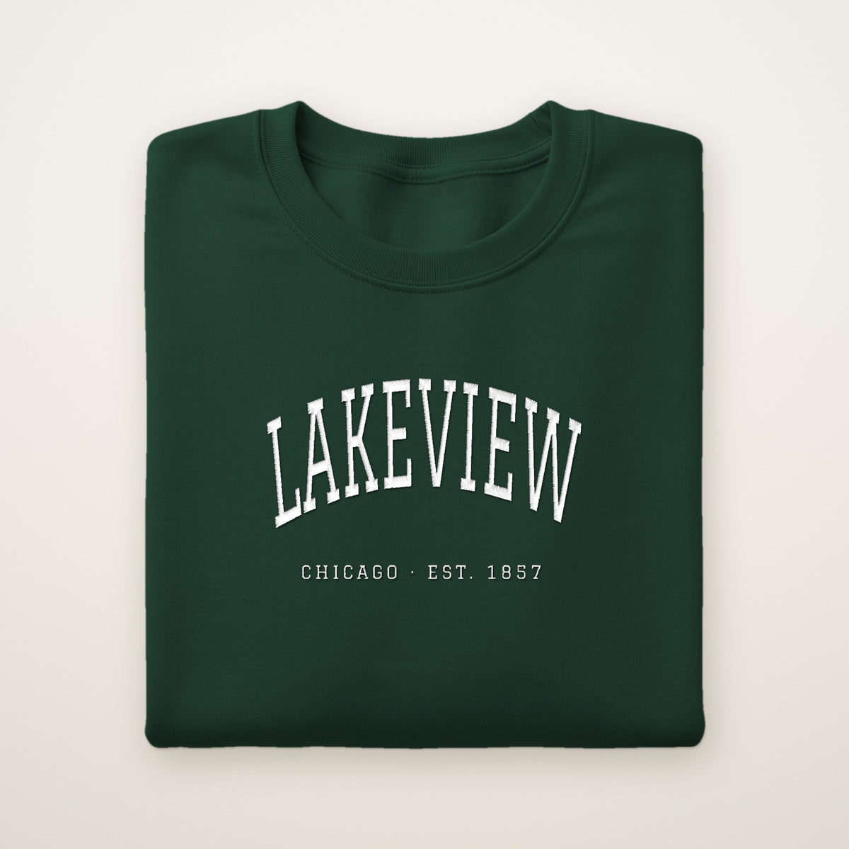 Lakeview Chicago embroidered crewneck sweatshirt, Forest Green, white embroidery