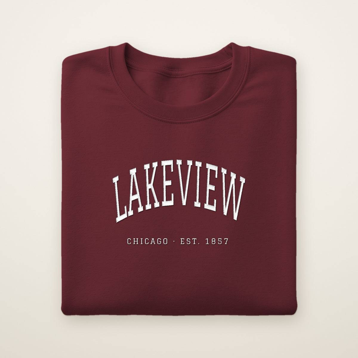 Lakeview Chicago embroidered crewneck sweatshirt, Maroon, white embroidery