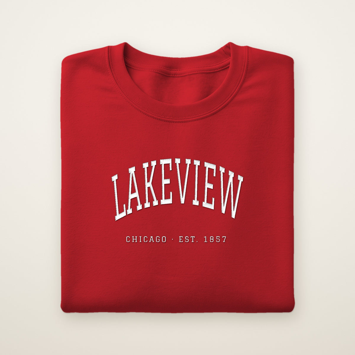 Lakeview Chicago embroidered crewneck sweatshirt, Red, white embroidery