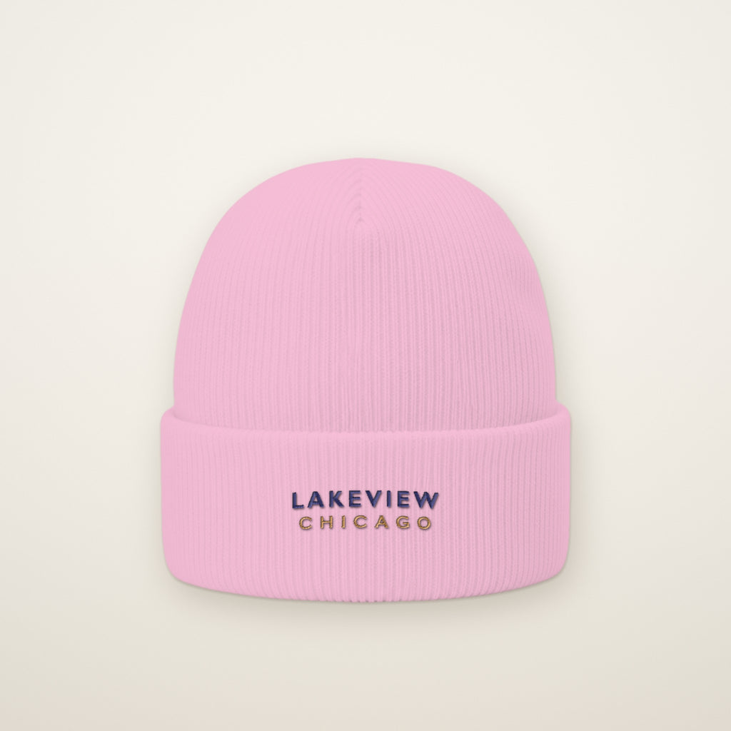 Lakeview Chicago Embroidered Cuffed Beanie, Navy Thread, Baby Pink