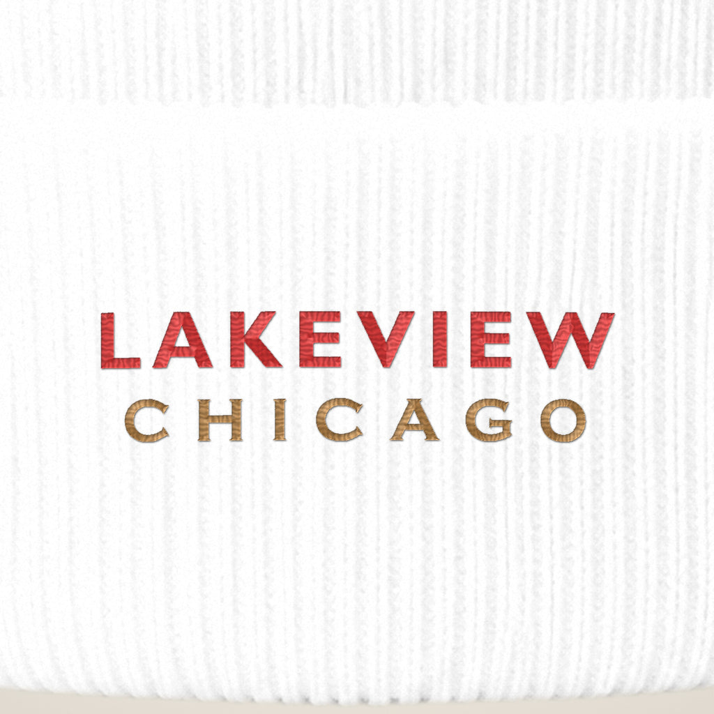 Lakeview Chicago embroidery close-up in red and old gold thread