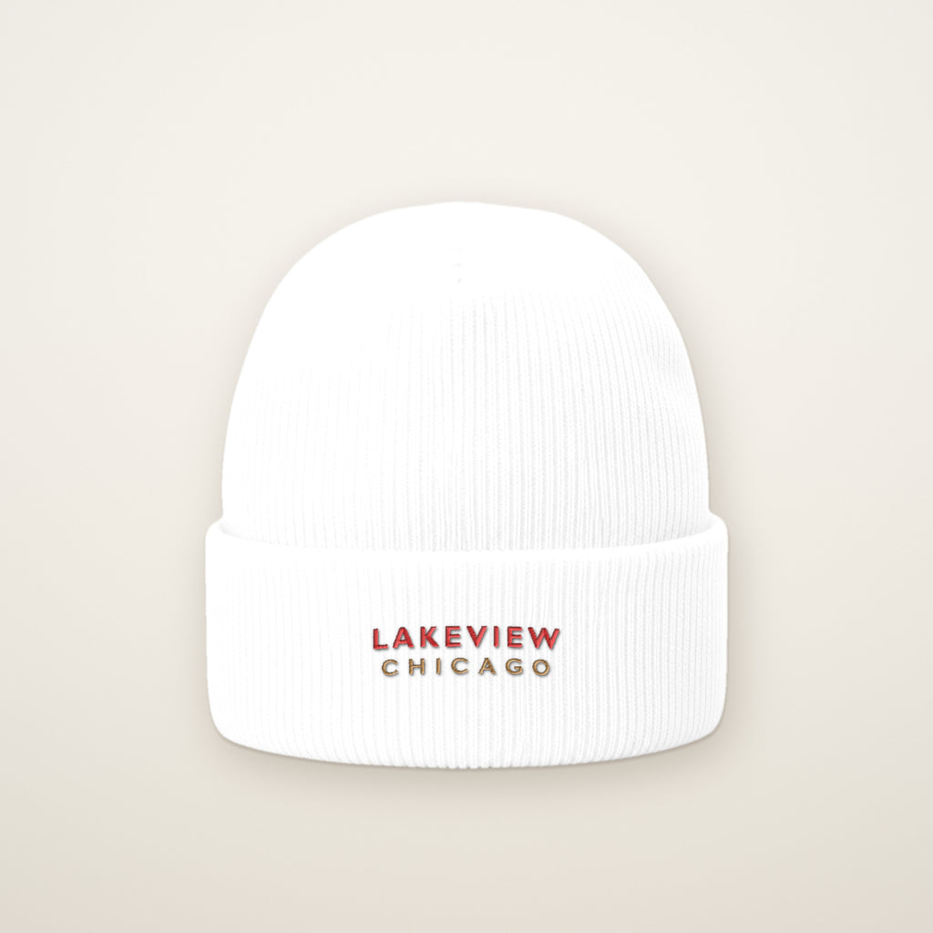 Lakeview Chicago Embroidered Cuffed Beanie, Red Thread, front view