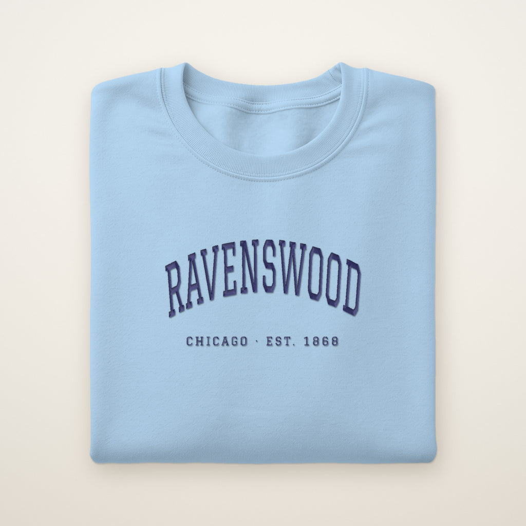 Ravenswood Chicago Embroidered Crewneck — Navy Thread on Light Blue
