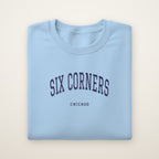 Six Corners Chicago Embroidered Crewneck — Navy Thread on Light Blue