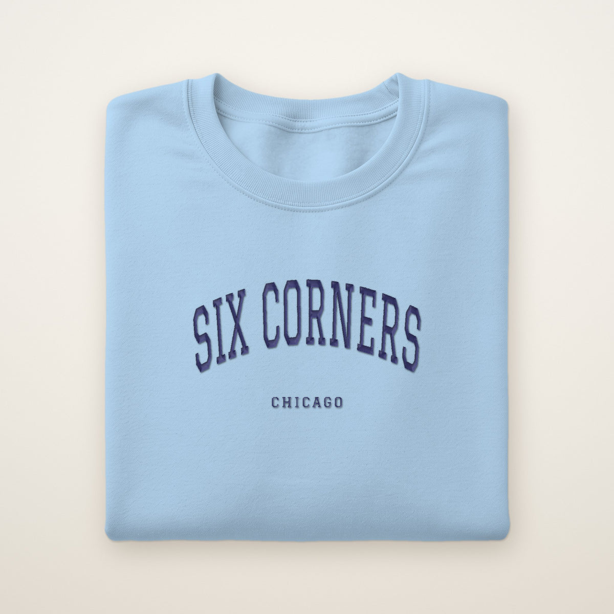 Six Corners Chicago Embroidered Crewneck — Navy Thread on Light Blue