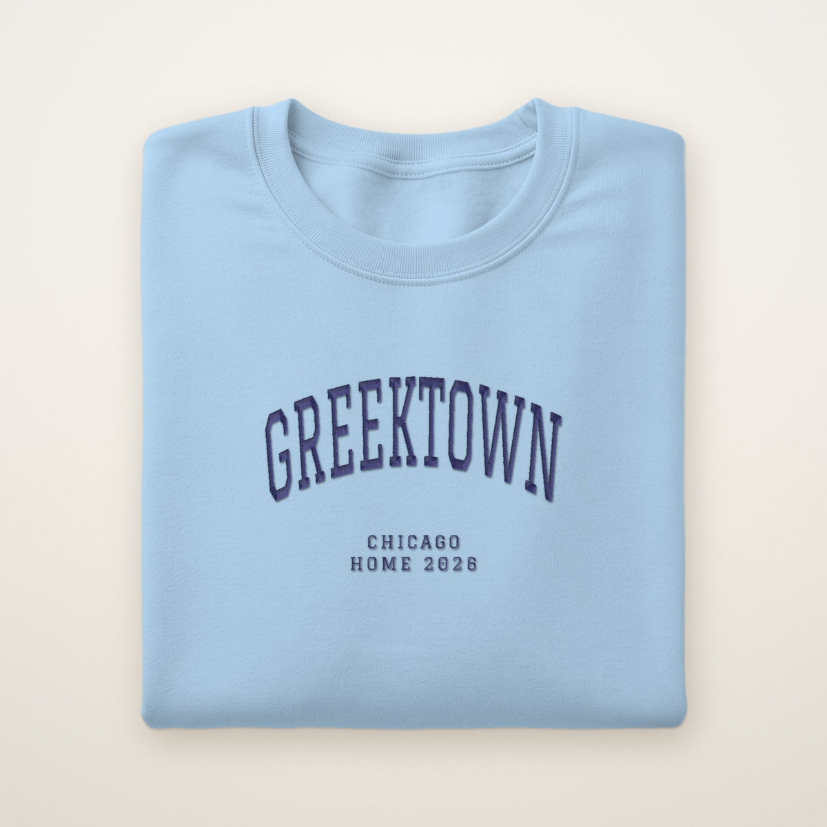 Greektown Chicago Home 2026 Embroidered Crewneck — Navy Thread on Light Blue