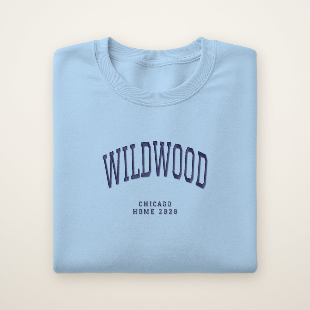 Wildwood Chicago Home 2026 Embroidered Crewneck — Navy Thread on Light Blue