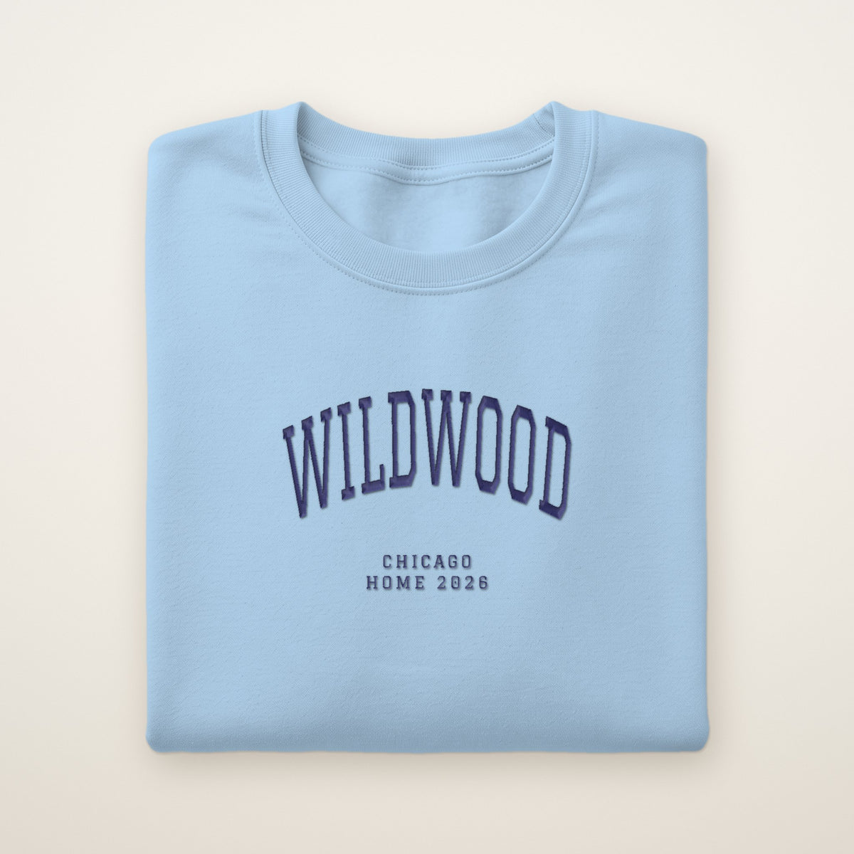 Wildwood Chicago Home 2026 Embroidered Crewneck — Navy Thread on Light Blue