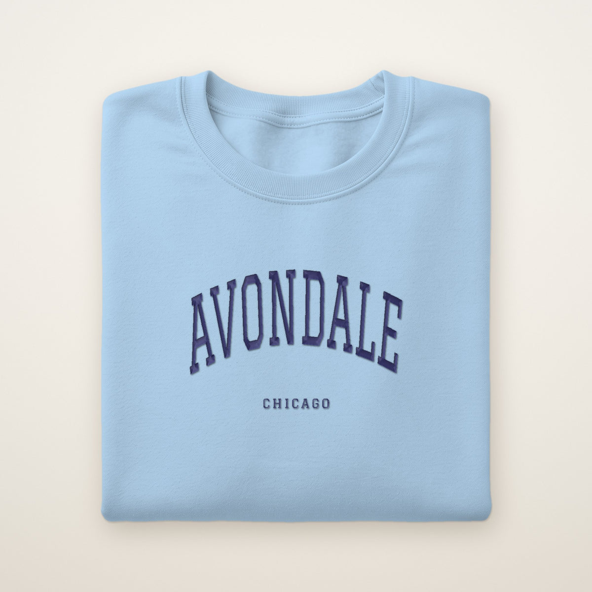 Avondale Chicago Embroidered Crewneck — Navy Thread on Light Blue
