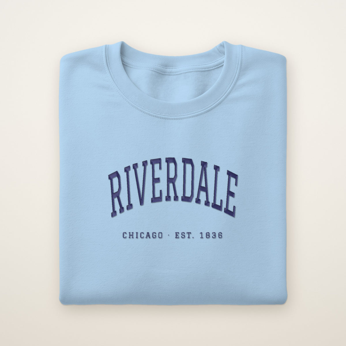 Riverdale Chicago Embroidered Crewneck — Navy Thread on Light Blue