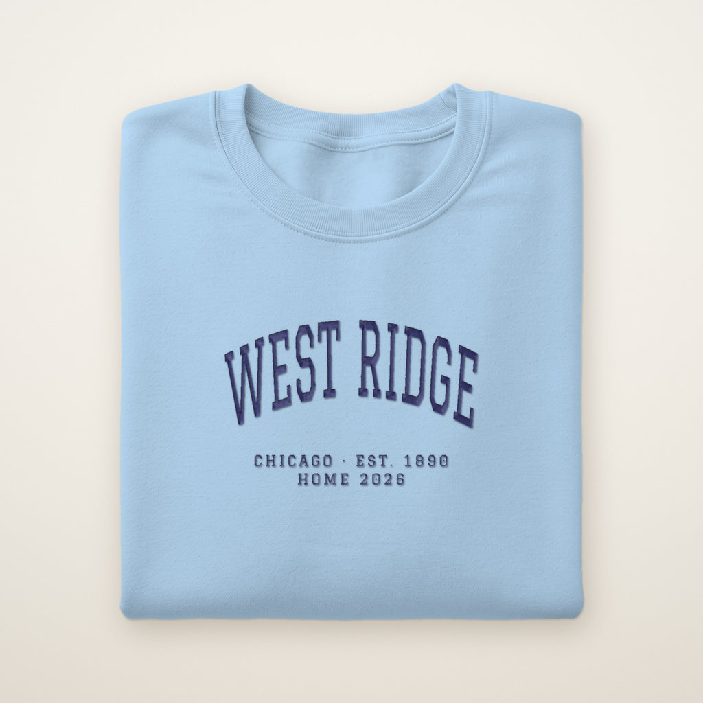 West Ridge Chicago Home 2026 Embroidered Crewneck — Navy Thread on Light Blue
