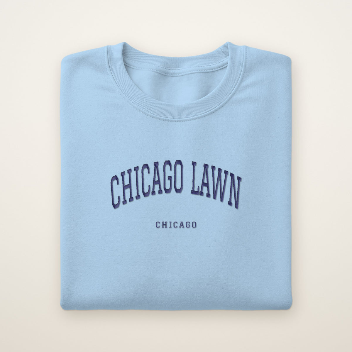 Chicago Lawn Chicago Embroidered Crewneck — Navy Thread on Light Blue