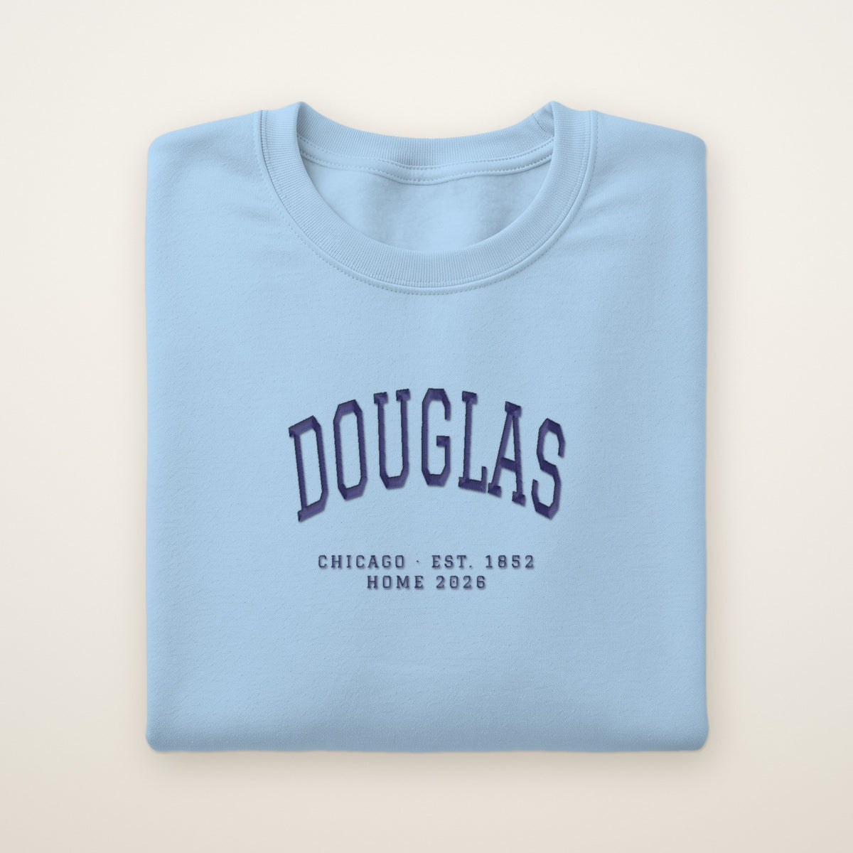Douglas Chicago Home 2026 Embroidered Crewneck — Navy Thread on Light Blue