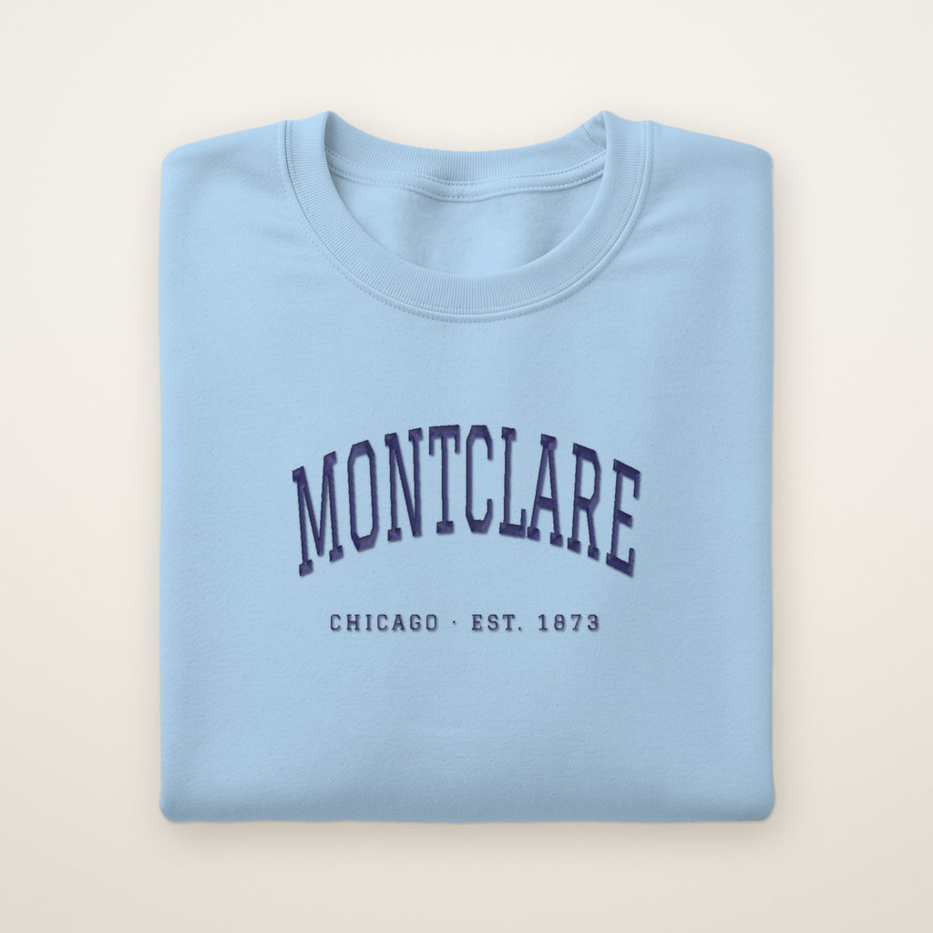 Montclare Chicago Embroidered Crewneck — Navy Thread on Light Blue