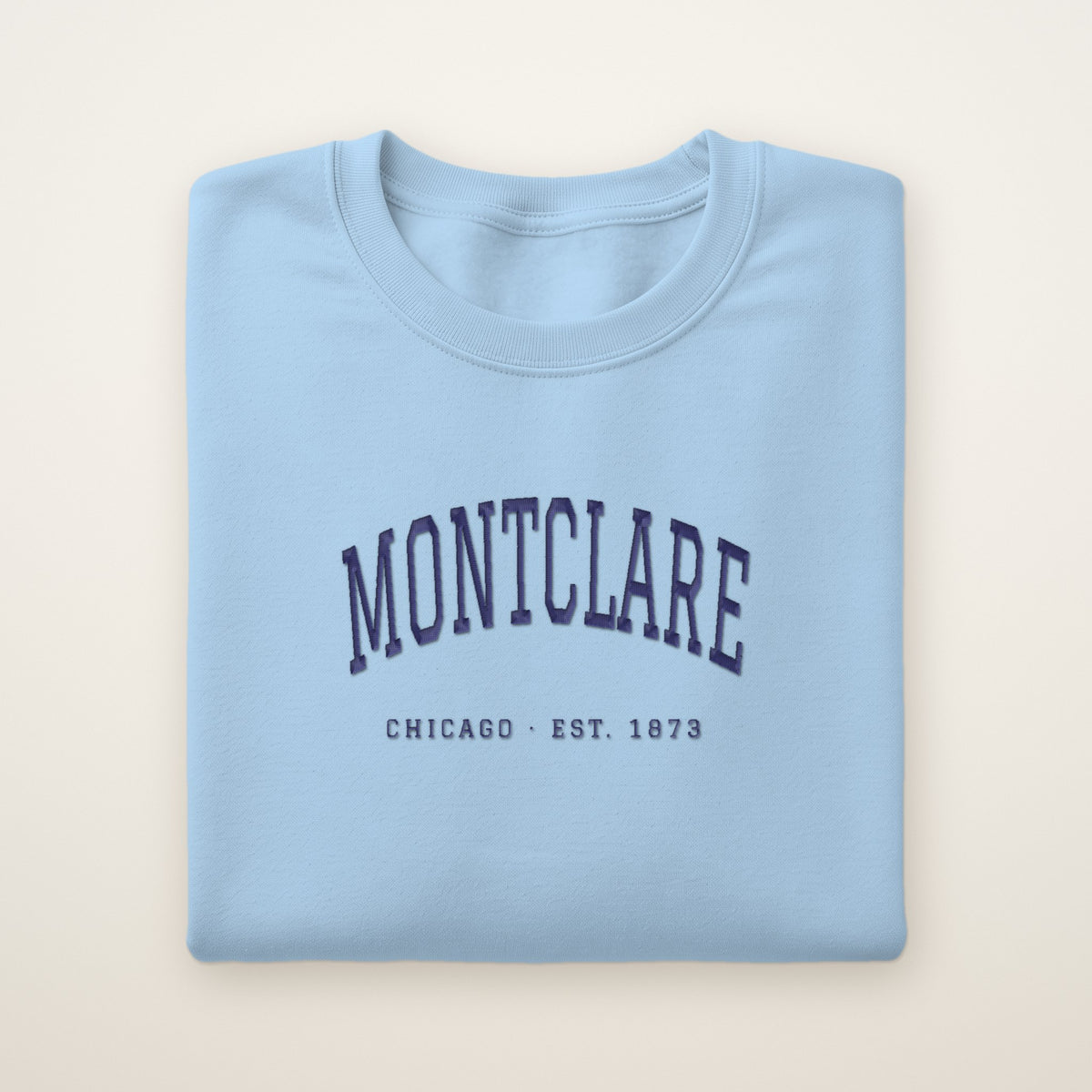 Montclare Chicago Embroidered Crewneck — Navy Thread on Light Blue