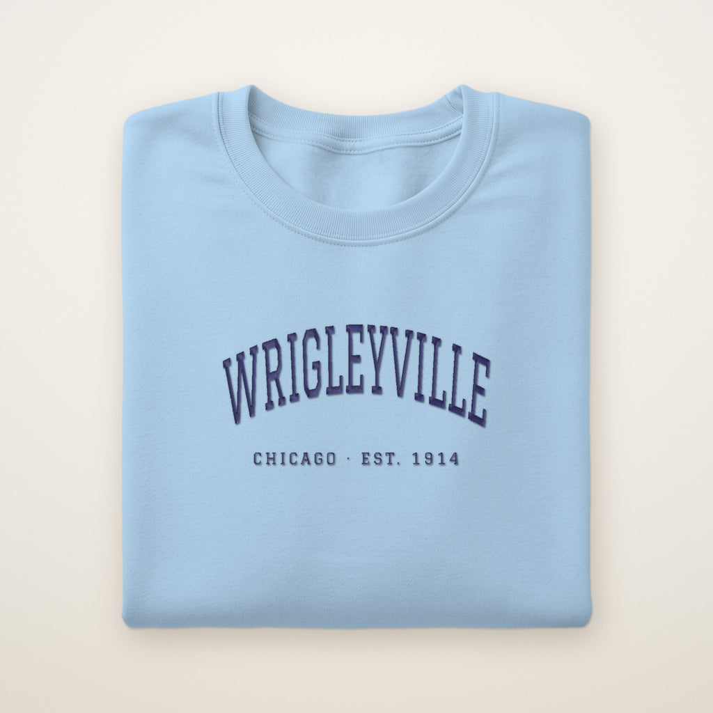 Wrigleyville Chicago Embroidered Crewneck — Navy Thread on Light Blue