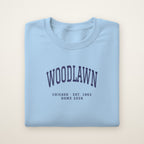 Woodlawn Chicago Home 2026 Embroidered Crewneck — Navy Thread on Light Blue