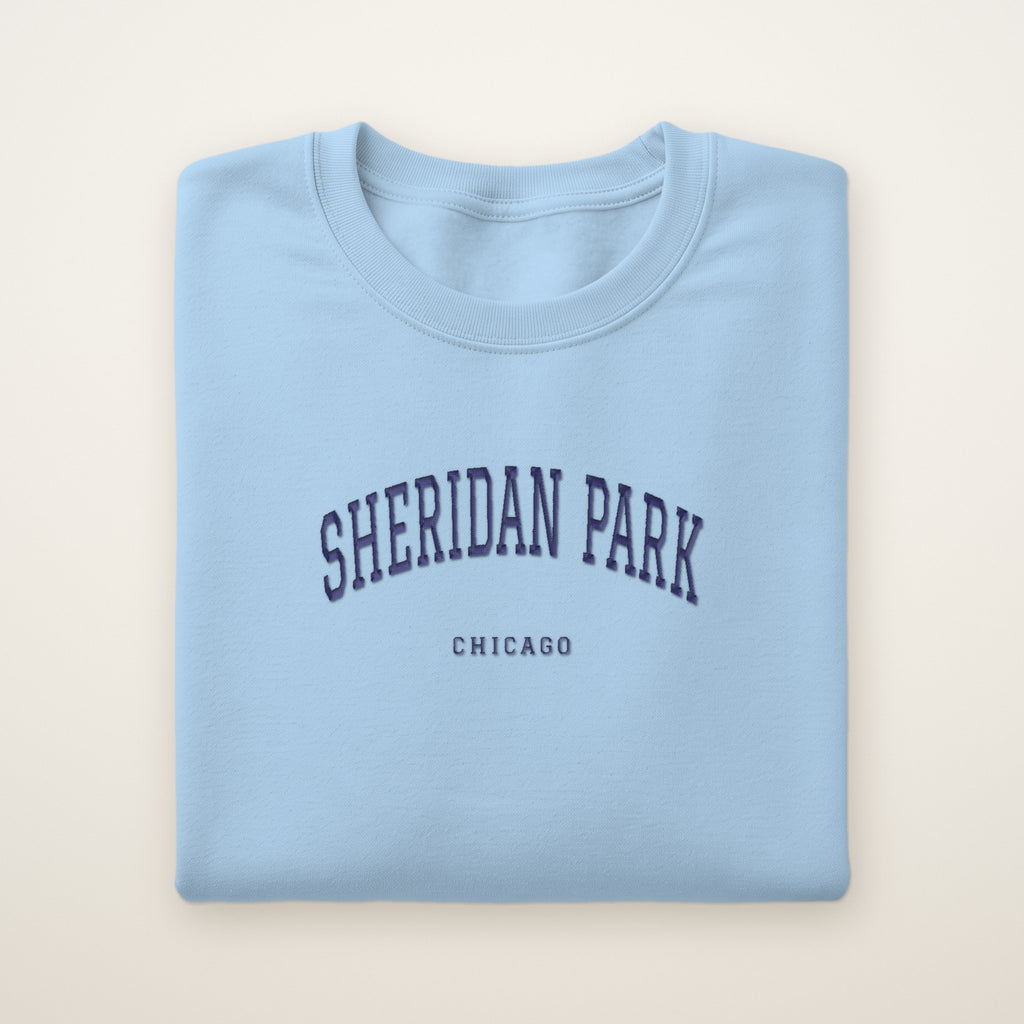 Sheridan Park Chicago Embroidered Crewneck — Navy Thread on Light Blue