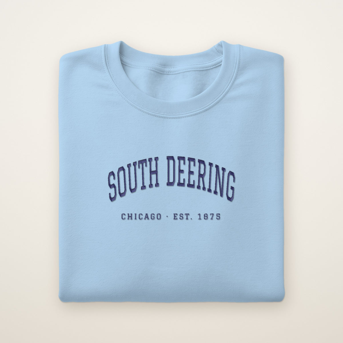 South Deering Chicago Embroidered Crewneck — Navy Thread on Light Blue