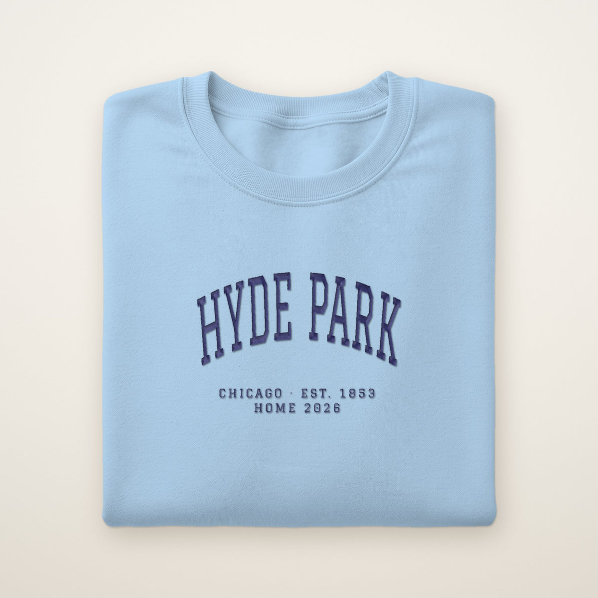 Hyde Park Chicago Home 2026 Embroidered Crewneck — Navy Thread on Light Blue