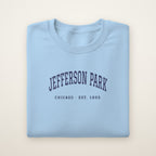 Jefferson Park Chicago Embroidered Crewneck — Navy Thread on Light Blue
