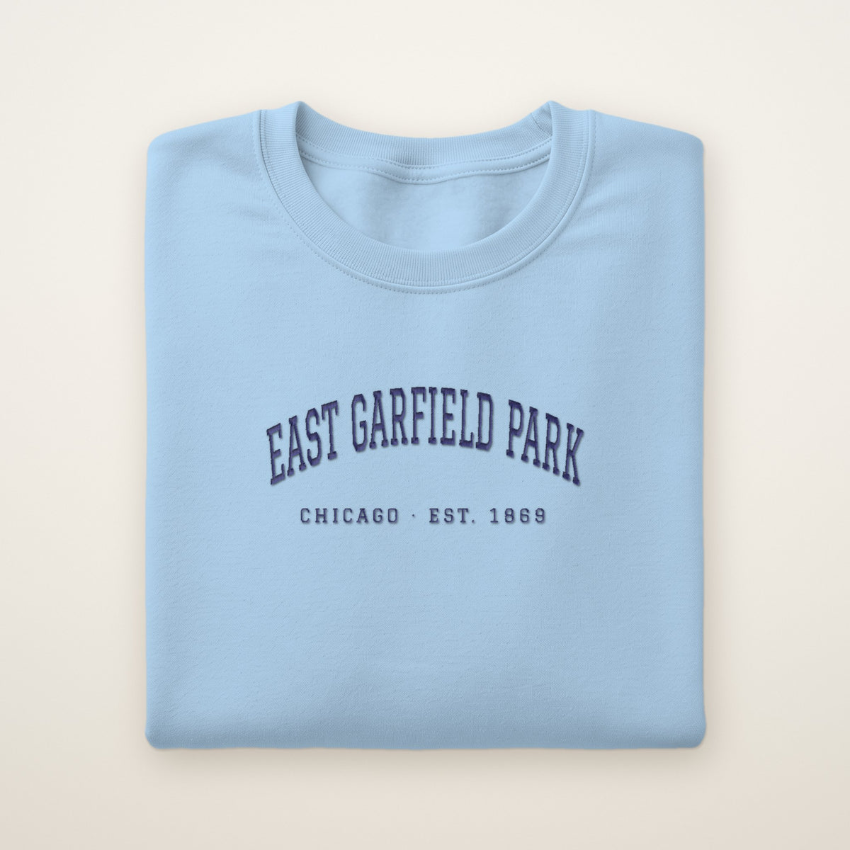 East Garfield Park Chicago Embroidered Crewneck — Navy Thread on Light Blue