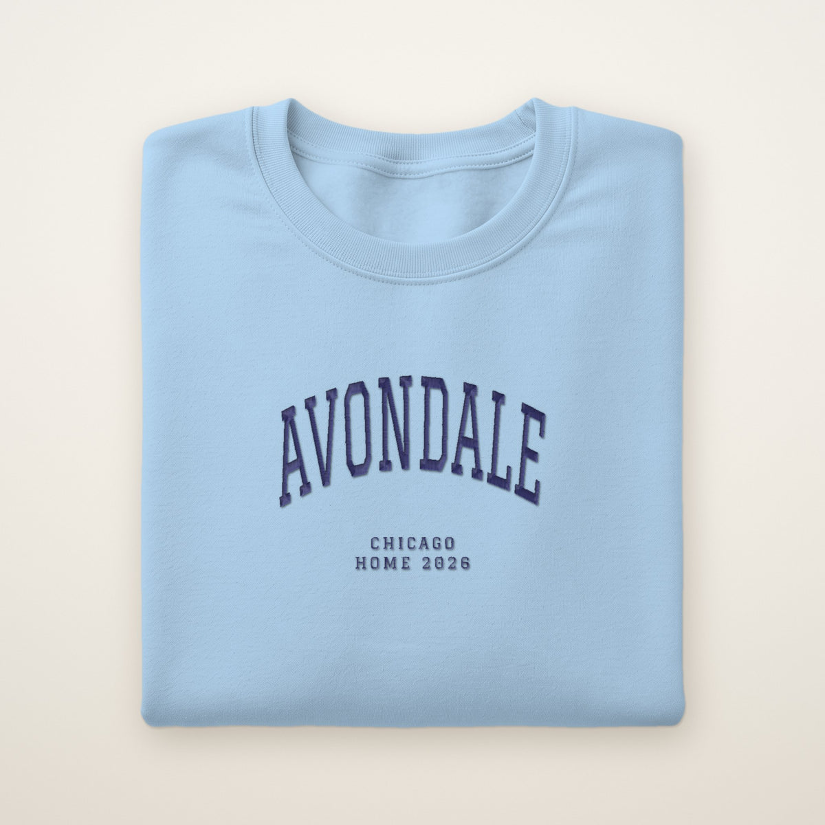 Avondale Chicago Home 2026 Embroidered Crewneck — Navy Thread on Light Blue