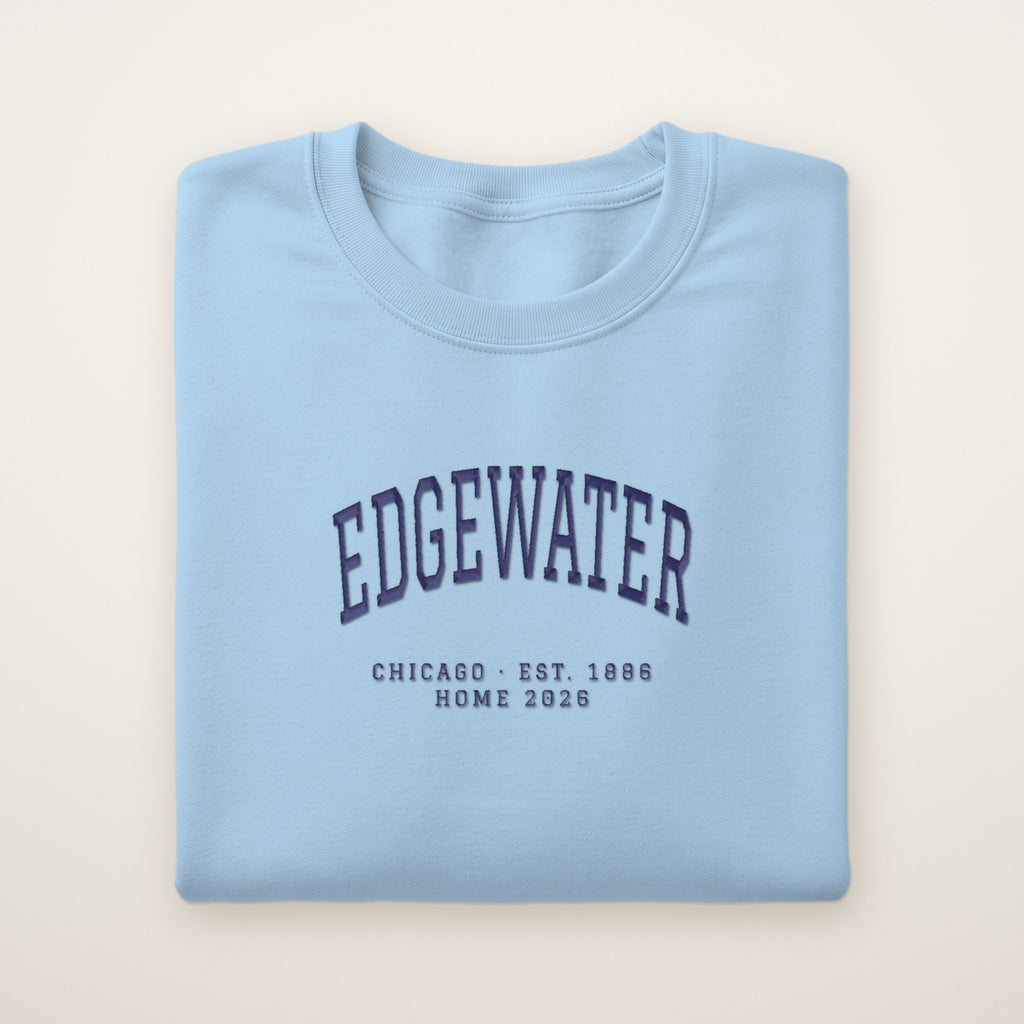 Edgewater Chicago Home 2026 Embroidered Crewneck — Navy Thread on Light Blue