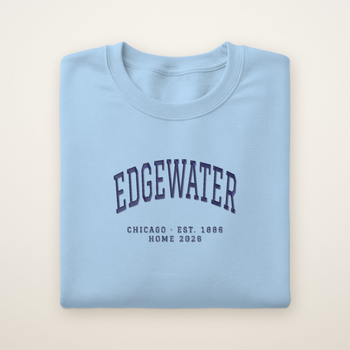 Edgewater Chicago Home 2026 Embroidered Crewneck — Navy Thread on Light Blue