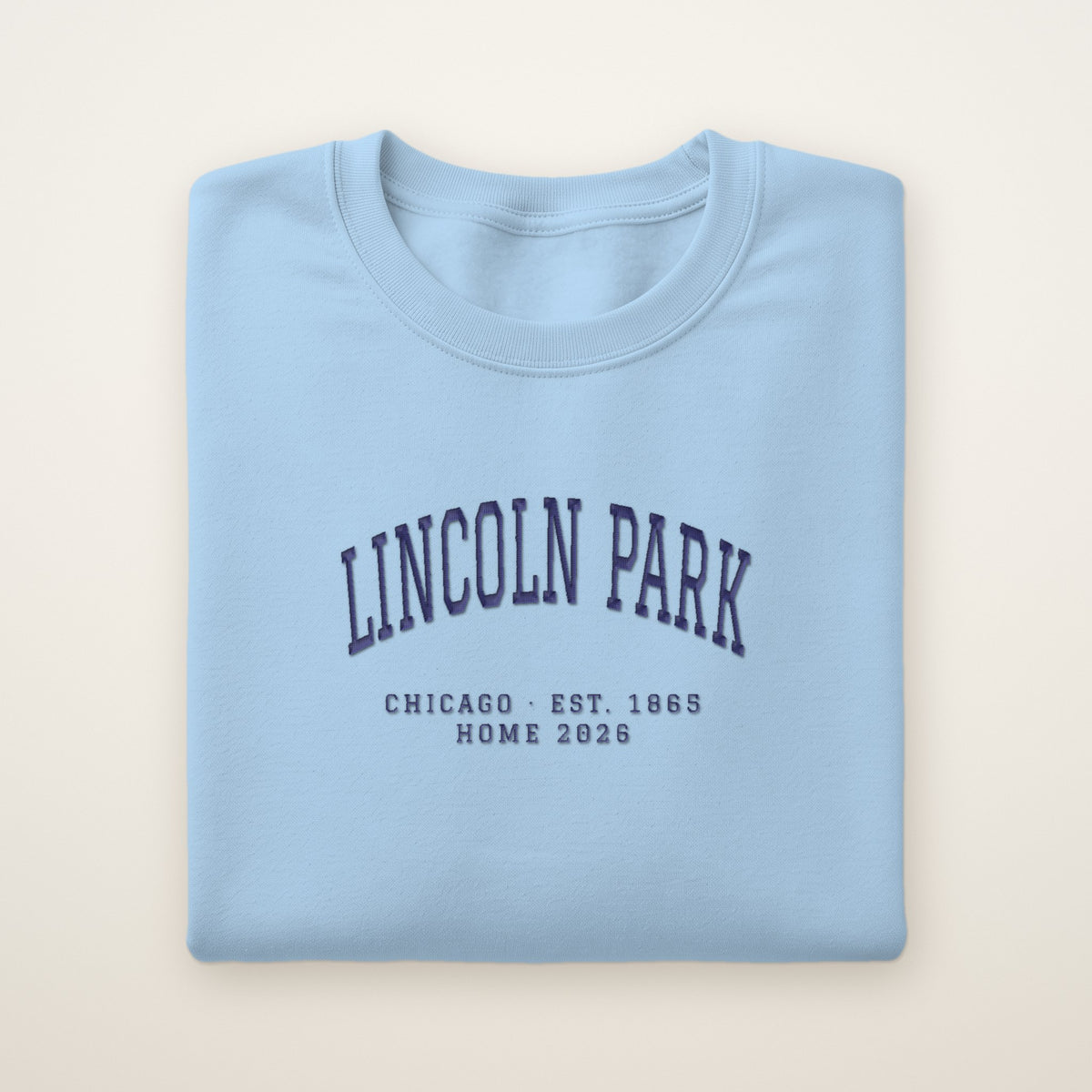 Lincoln Park Chicago Home 2026 Embroidered Crewneck — Navy Thread on Light Blue
