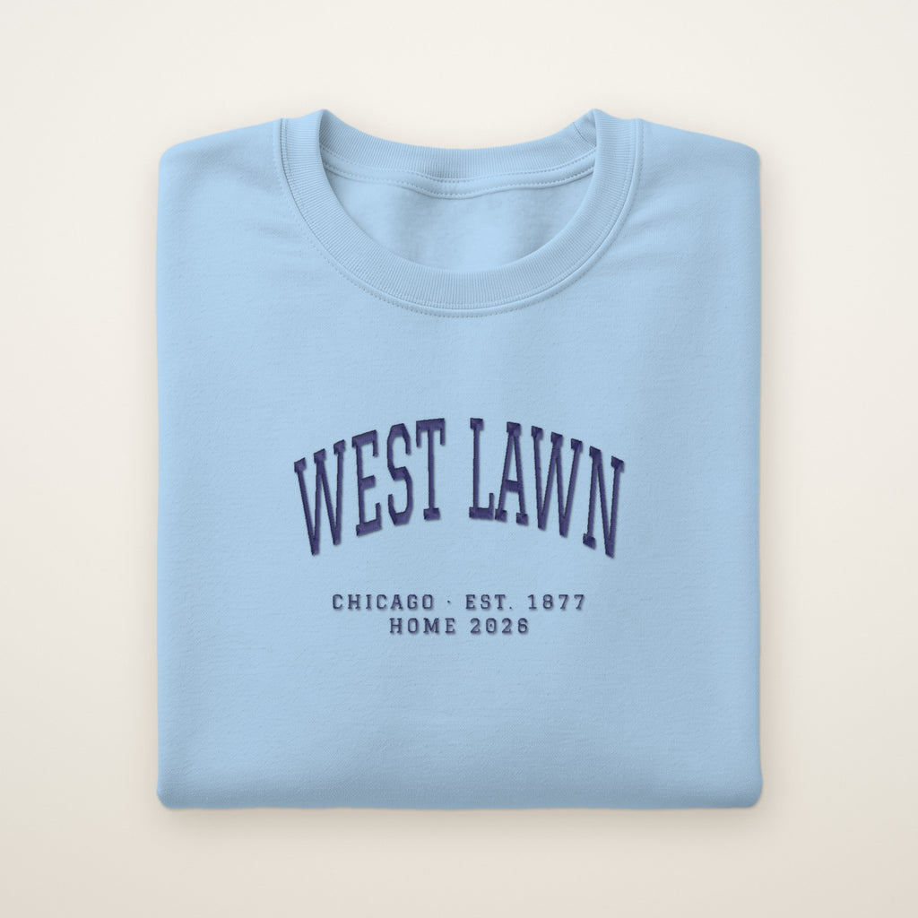 West Lawn Chicago Home 2026 Embroidered Crewneck — Navy Thread on Light Blue