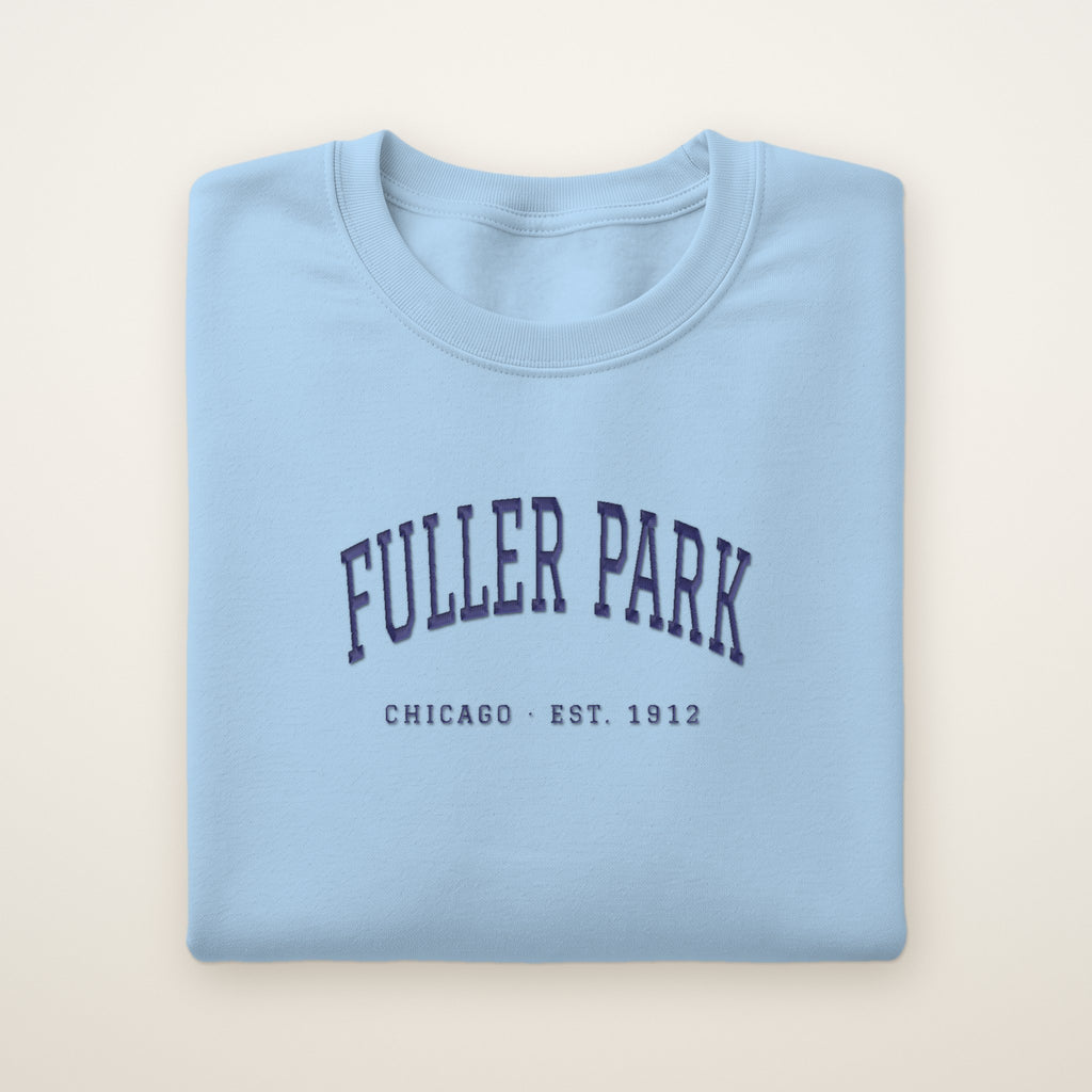 Fuller Park Chicago Embroidered Crewneck — Navy Thread on Light Blue
