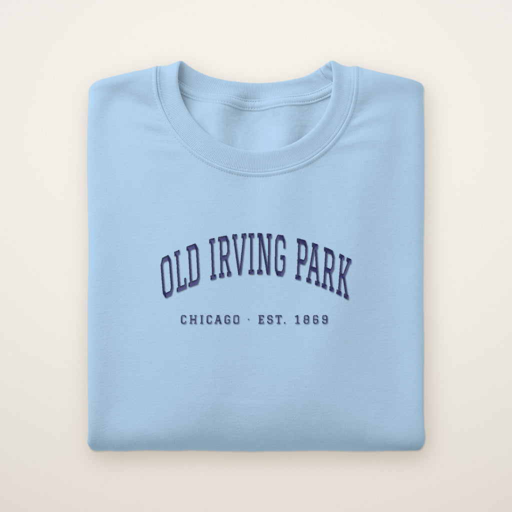 Old Irving Park Chicago Embroidered Crewneck — Navy Thread on Light Blue