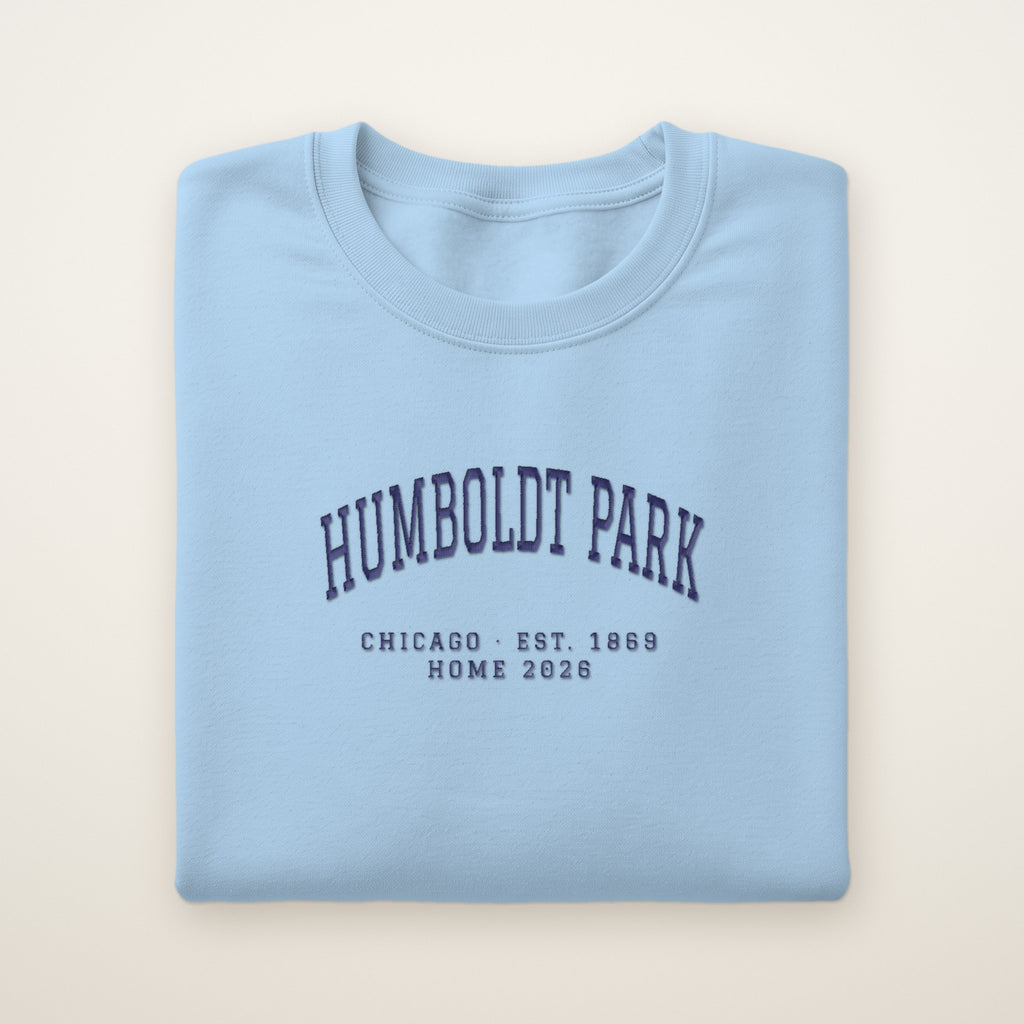 Humboldt Park Chicago Home 2026 Embroidered Crewneck — Navy Thread on Light Blue