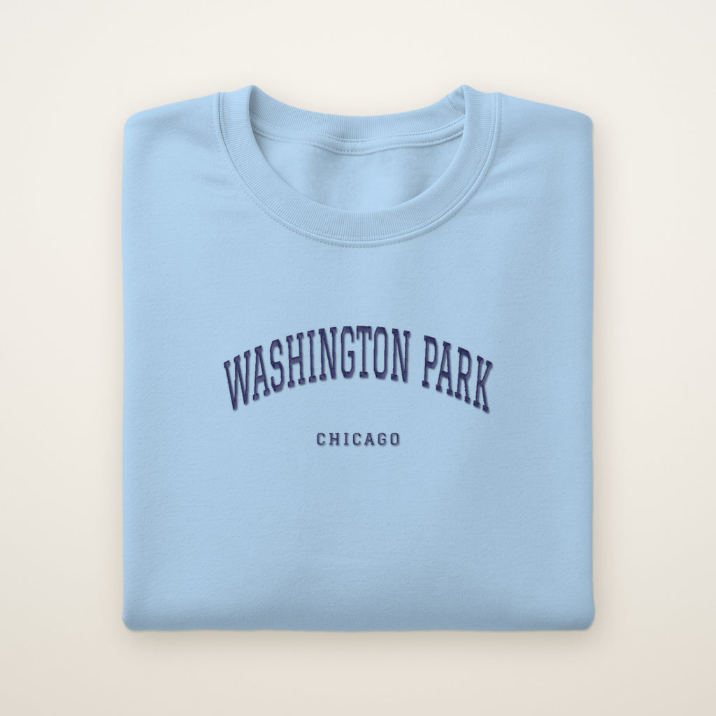 Washington Park Chicago Embroidered Crewneck — Navy Thread on Light Blue