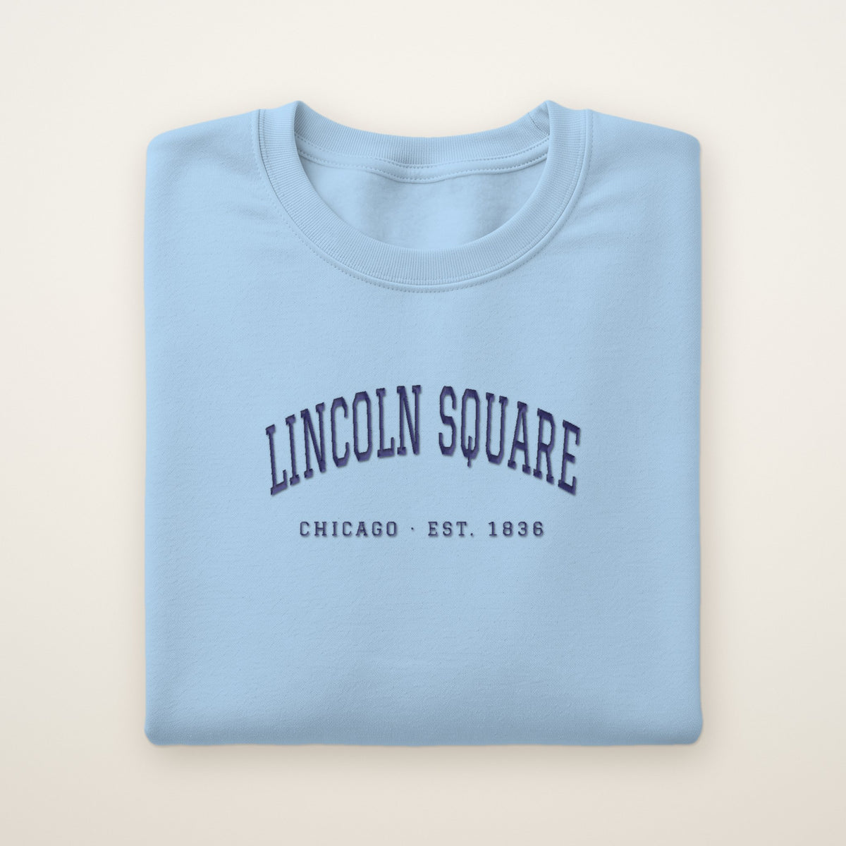 Lincoln Square Chicago Embroidered Crewneck — Navy Thread on Light Blue