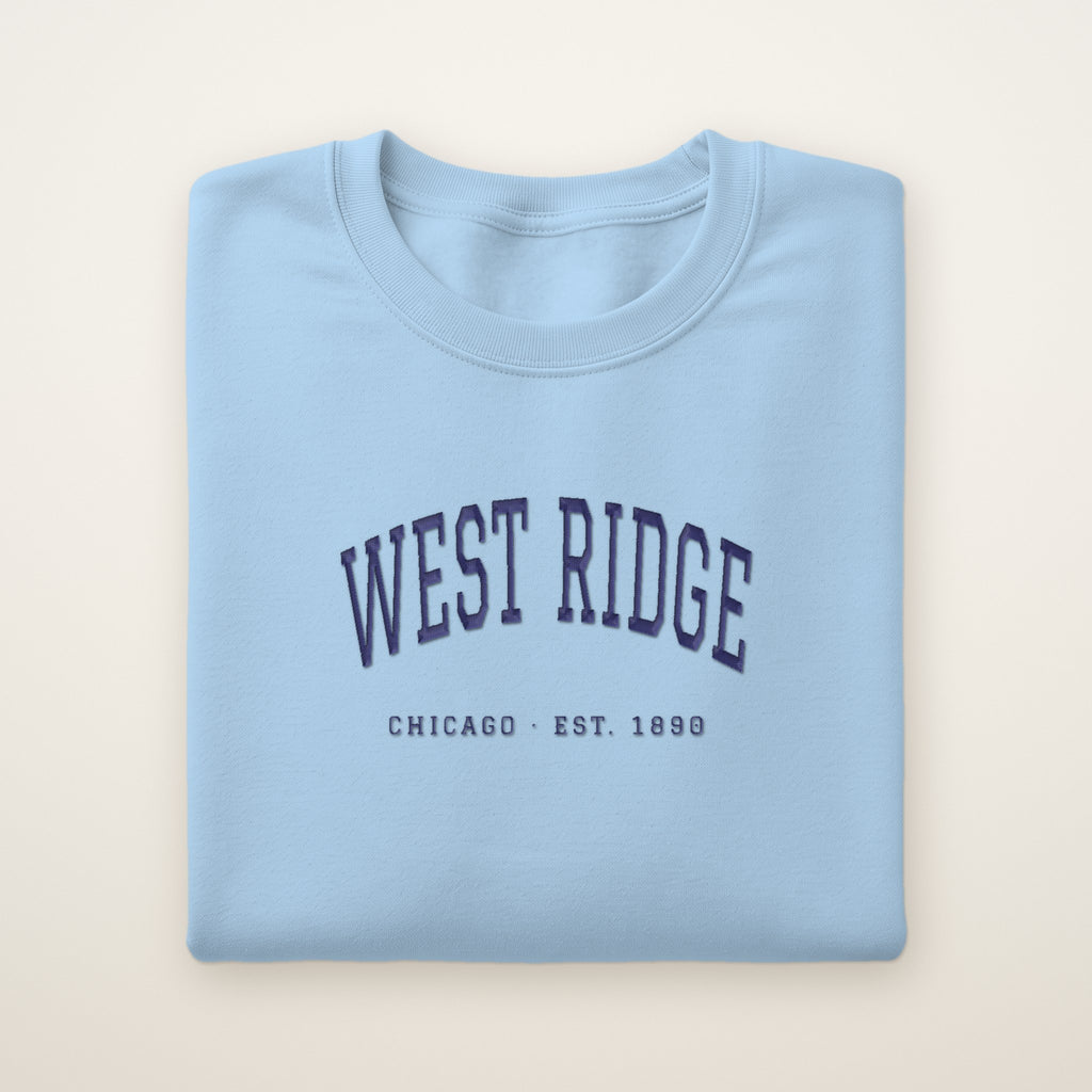 West Ridge Chicago Embroidered Crewneck — Navy Thread on Light Blue