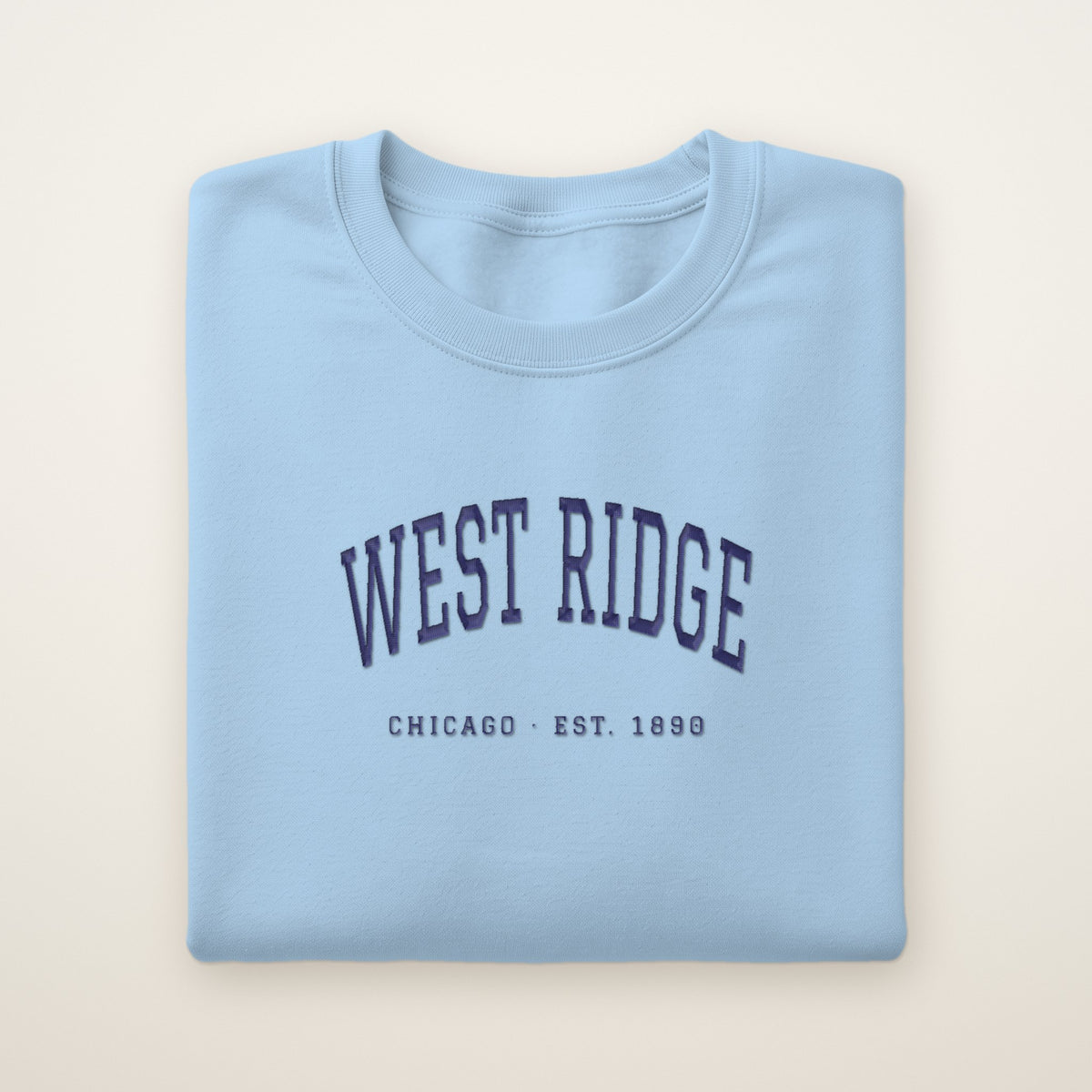 West Ridge Chicago Embroidered Crewneck — Navy Thread on Light Blue