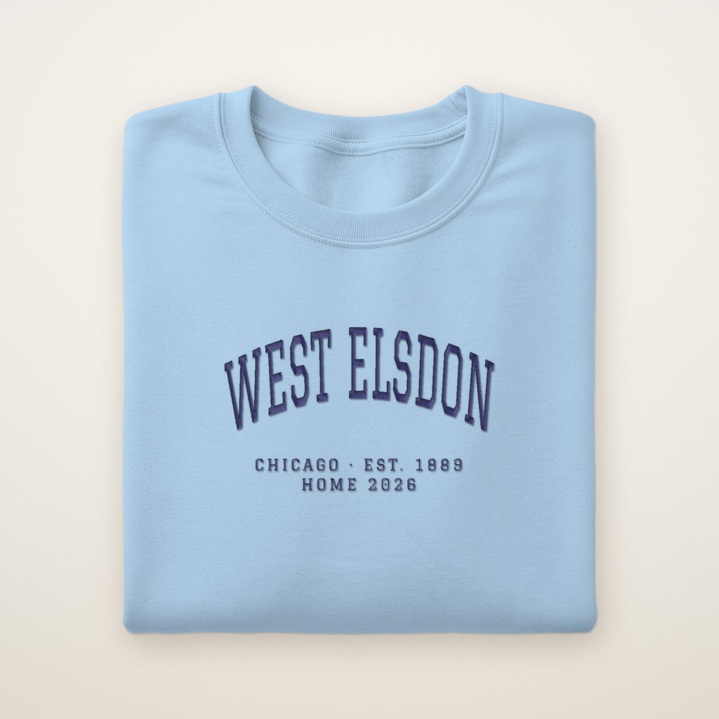 West Elsdon Chicago Home 2026 Embroidered Crewneck — Navy Thread on Light Blue