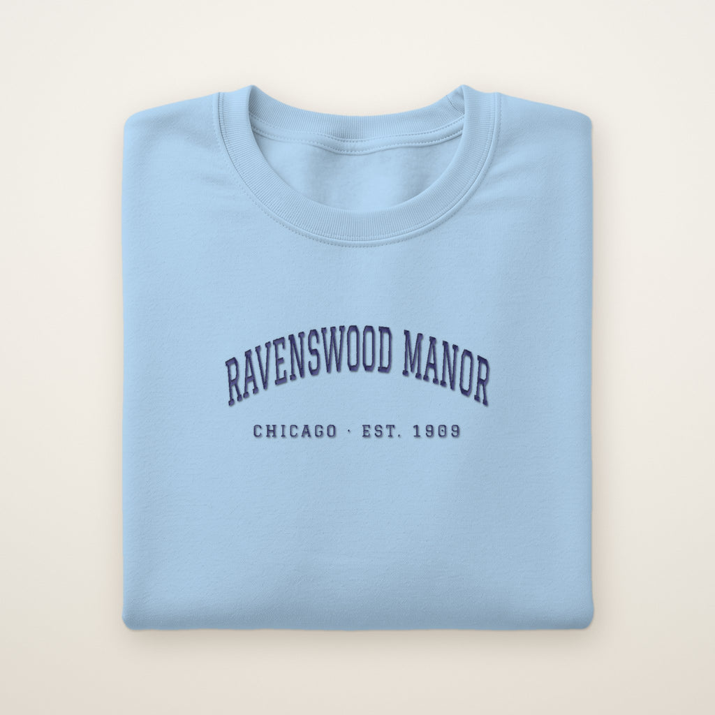 Ravenswood Manor Chicago Embroidered Crewneck — Navy Thread on Light Blue