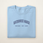 Ravenswood Manor Chicago Embroidered Crewneck — Navy Thread on Light Blue