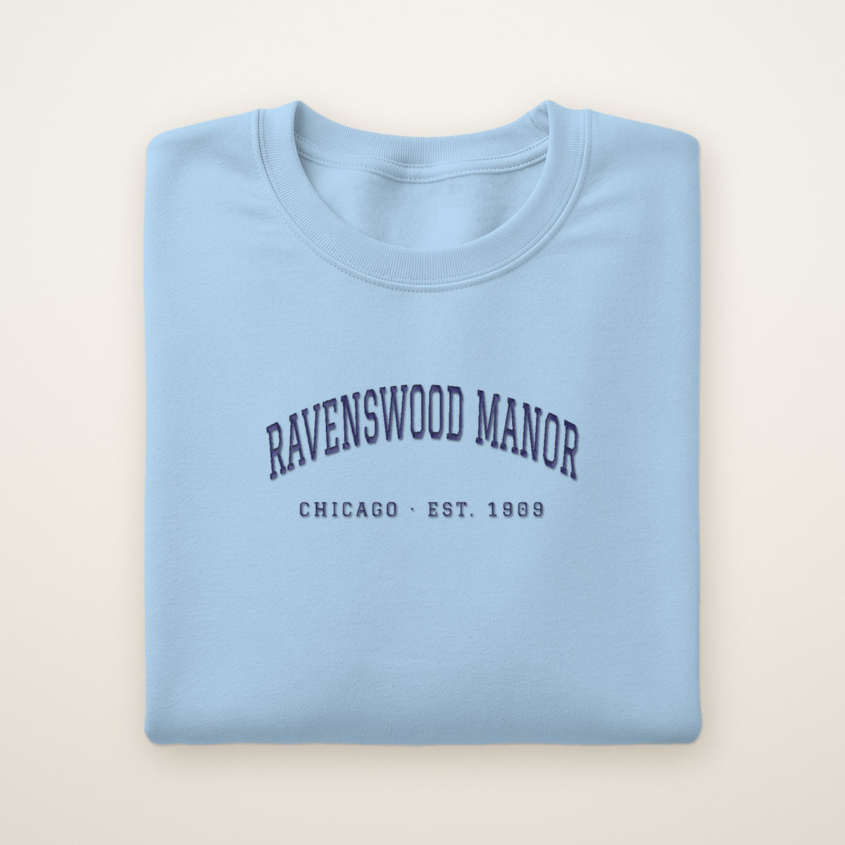 Ravenswood Manor Chicago Embroidered Crewneck — Navy Thread on Light Blue