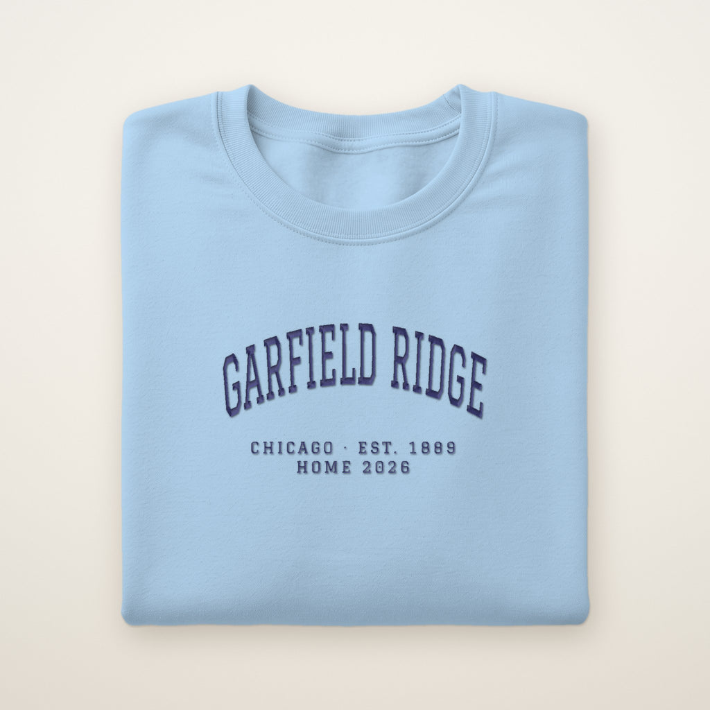 Garfield Ridge Chicago Home 2026 Embroidered Crewneck — Navy Thread on Light Blue